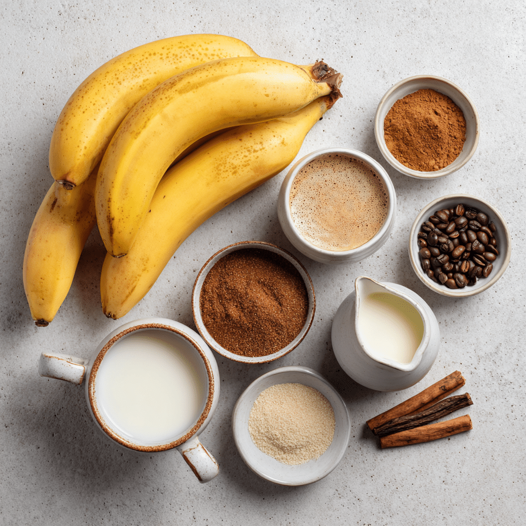 Banana Bread Latte ingredients laid out flat