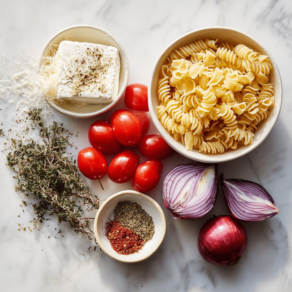 Boursin pasta recipe ingredients laid out on marble