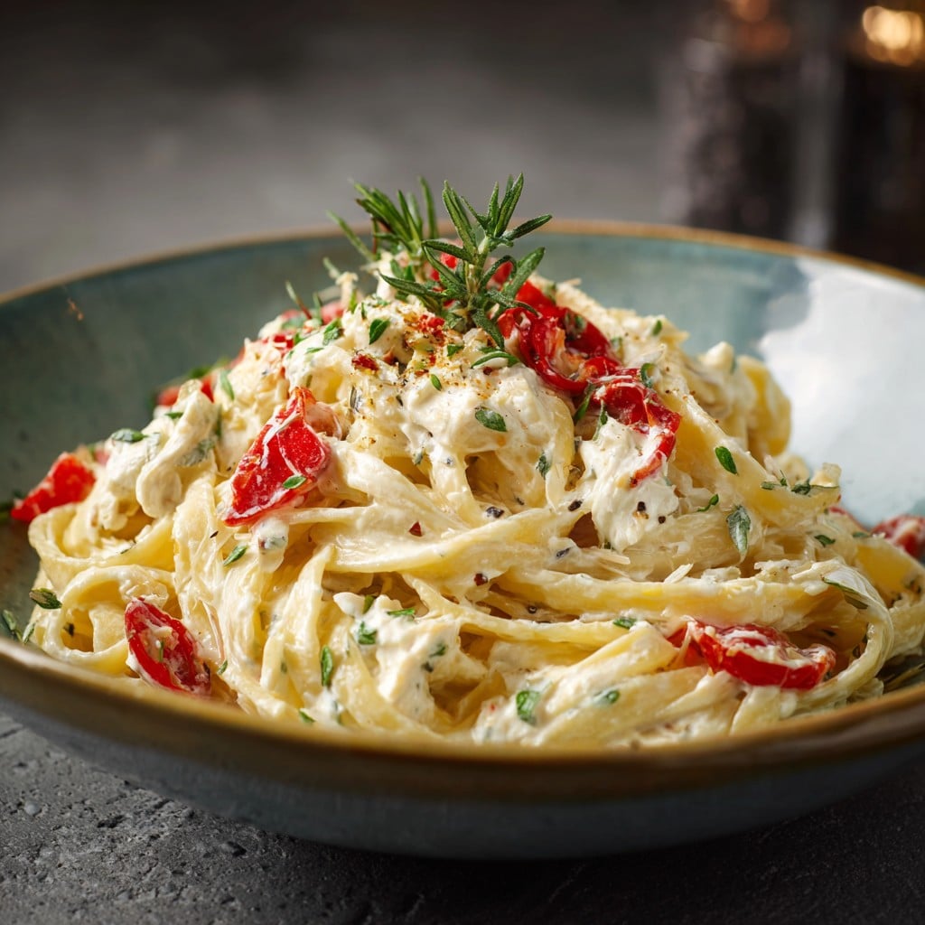 Plated Boursin pasta ready to serve
