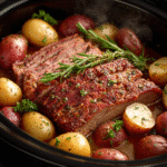 Crock pot corned beef and potatoes on rustic table