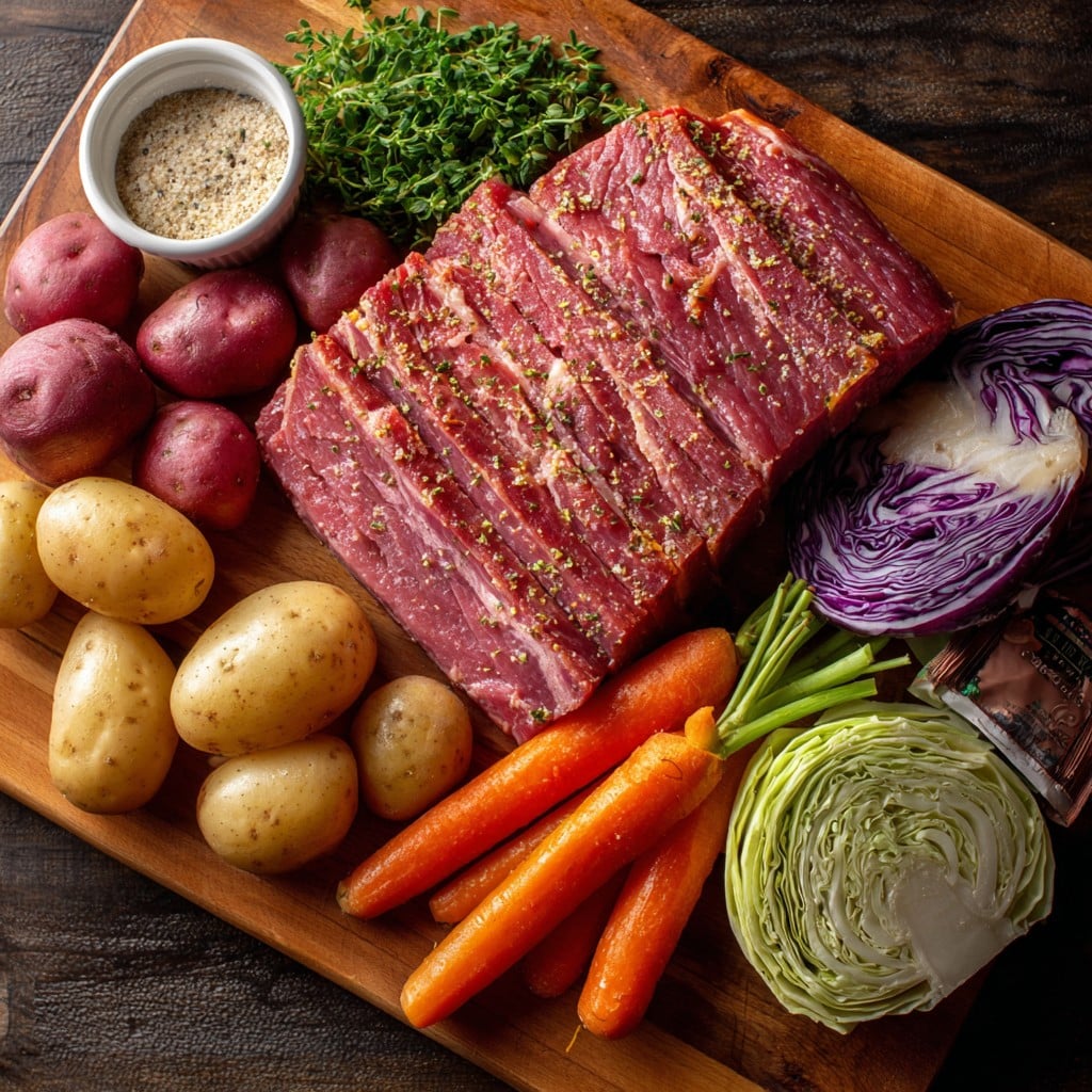 Crock pot corned beef and potatoes ingredients prepared