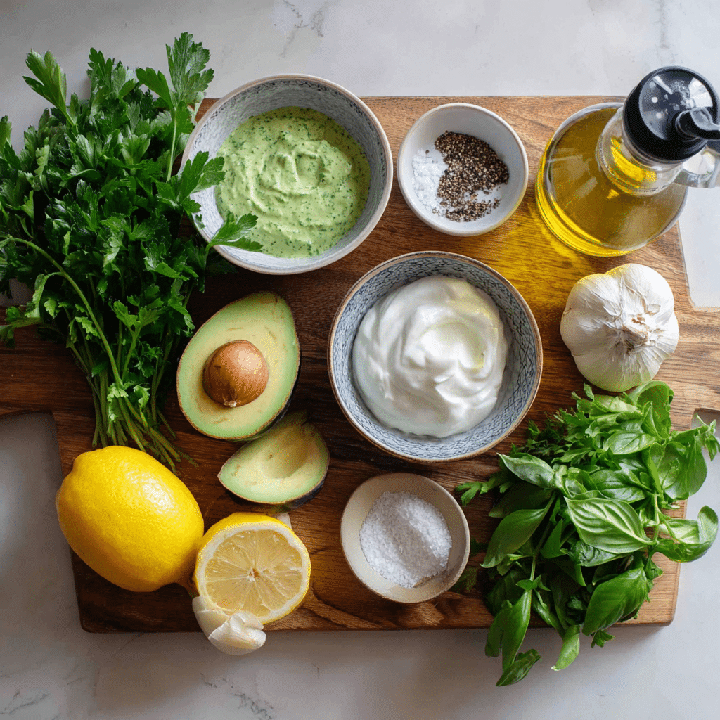 Green Goddess Salad Dressing ingredients arranged on counter
