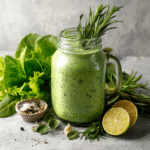 Green Goddess Salad Dressing in a jar with fresh herbs