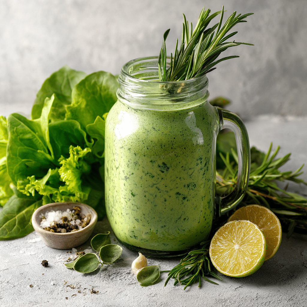 Green Goddess Salad Dressing in a jar with fresh herbs