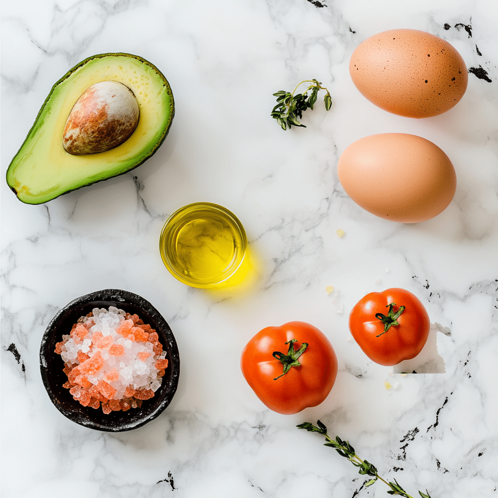 pink salt diet recipe ingredients with avocado, eggs, and tomatoes