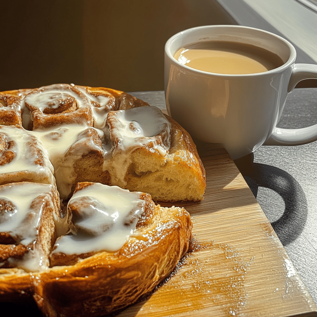 Sliced cinnamon roll focaccia with glaze