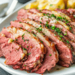 Sliced crock pot corned beef brisket garnished with herbs, served with tender potatoes.