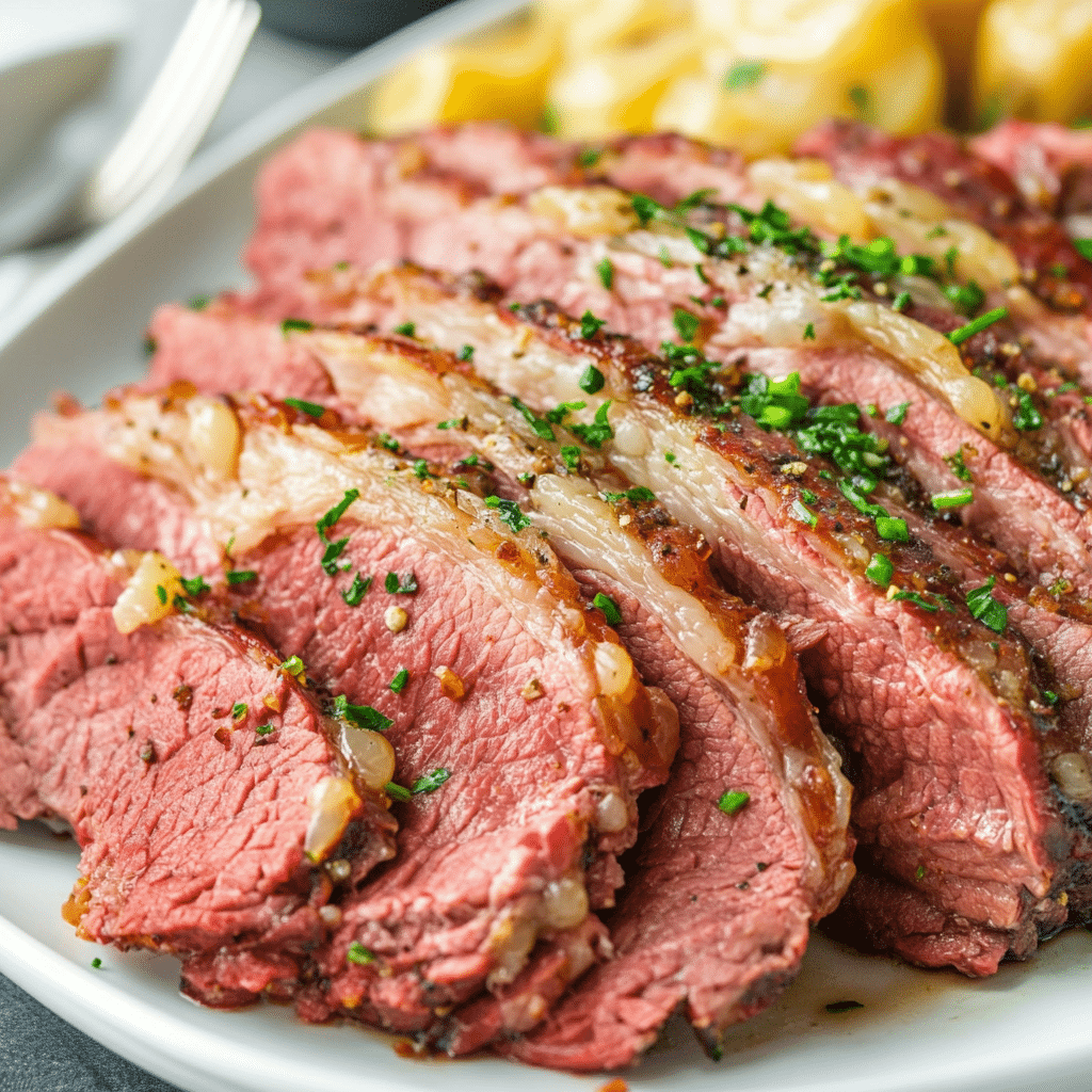 Sliced crock pot corned beef brisket garnished with herbs, served with tender potatoes.