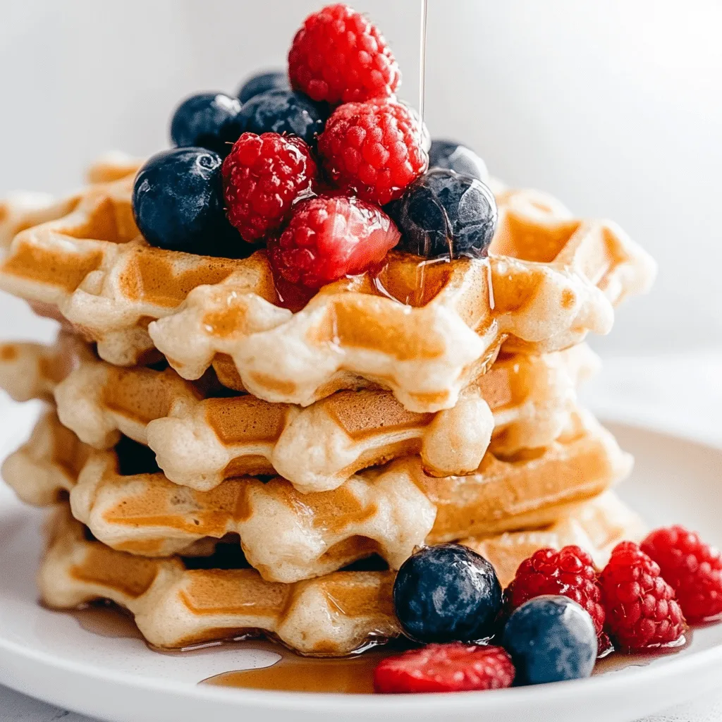 Fluffy golden brown cottage cheese waffles with syrup and berries