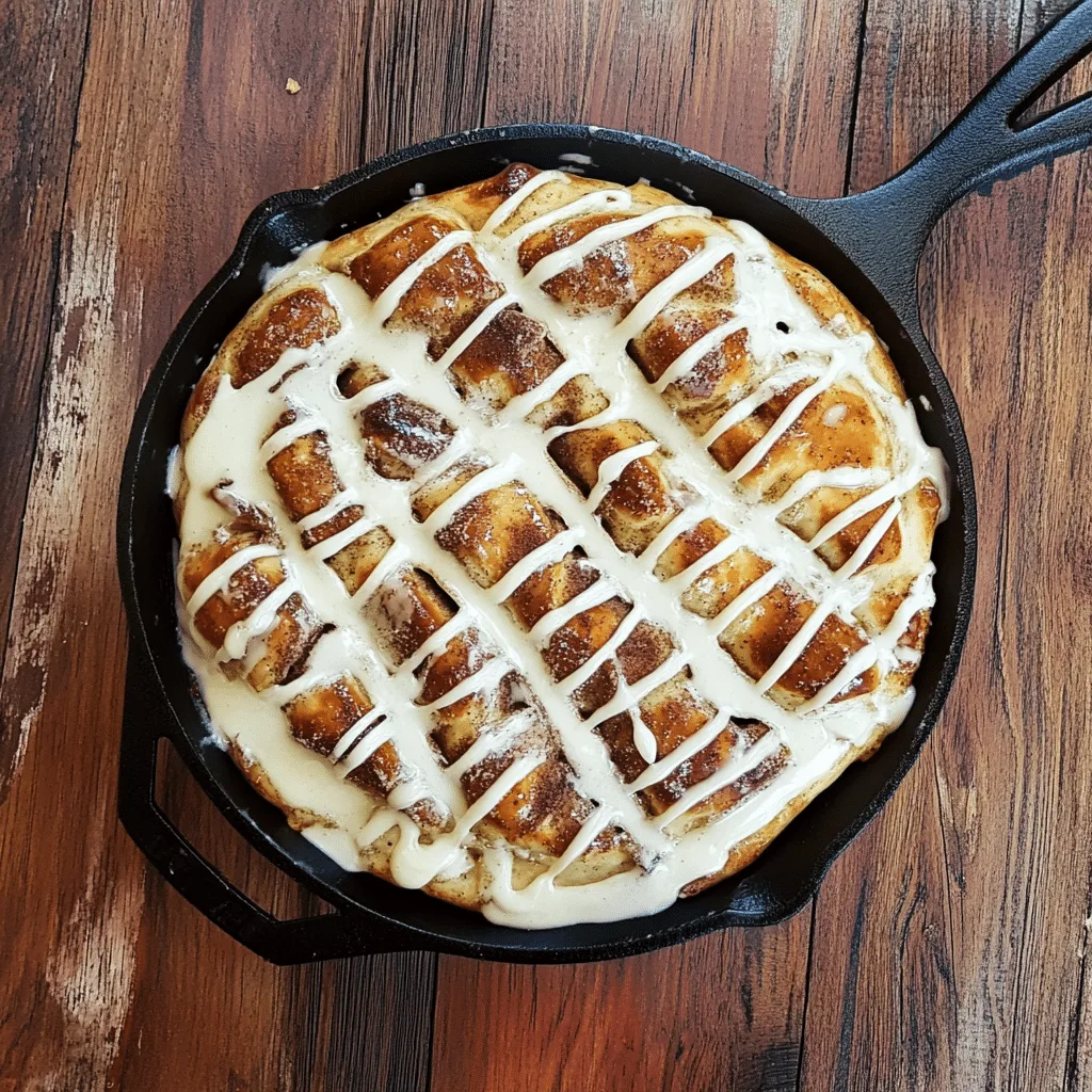 Cinnamon roll focaccia with glaze in cast iron pan
