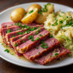 Served crock pot corned beef and potatoes with cabbage