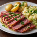 Served crock pot corned beef and potatoes with cabbage