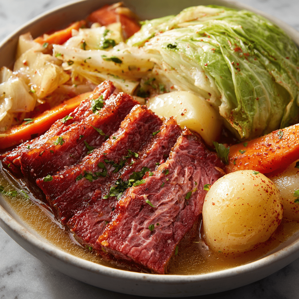 Slow cooker corned beef and cabbage on rustic table