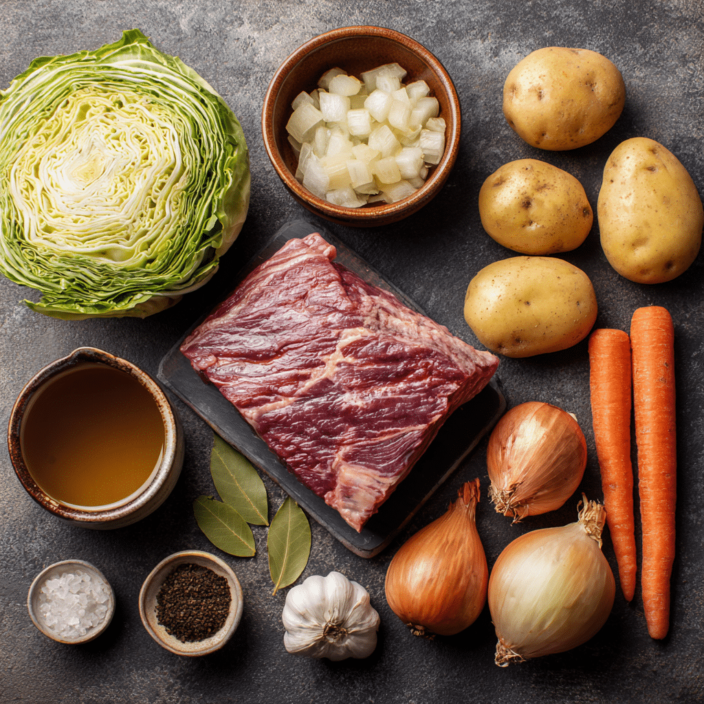 Ingredients for slow cooker corned beef and cabbage on wood background