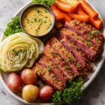 Sliced slow cooker corned beef with cabbage and vegetables on platter