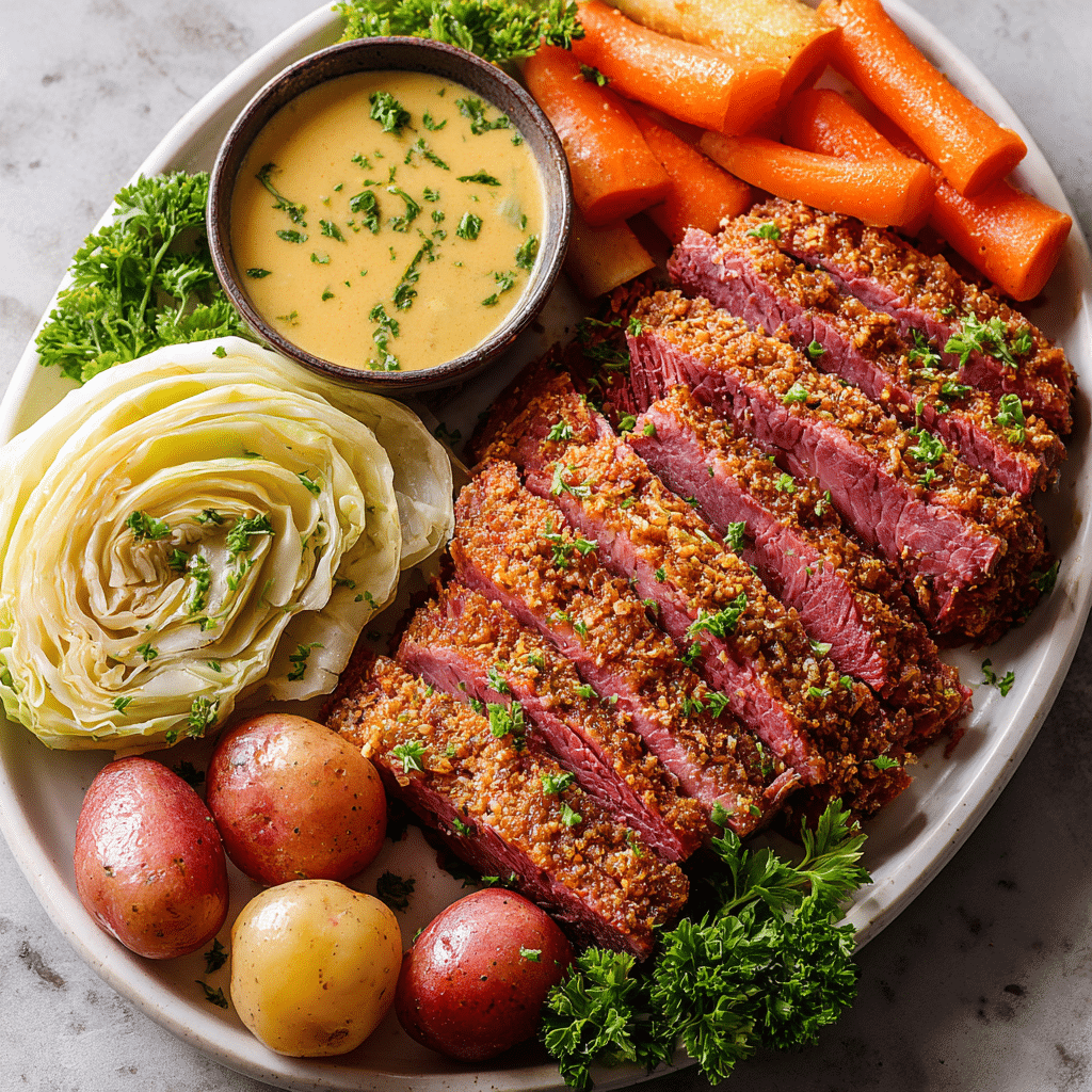 Sliced slow cooker corned beef with cabbage and vegetables on platter