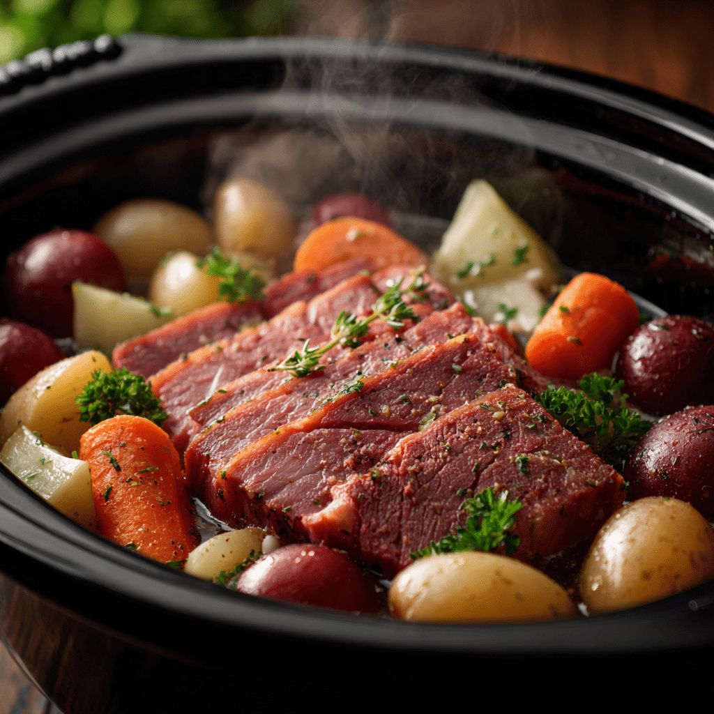 Slow cooker corned beef with vegetables in rustic kitchen