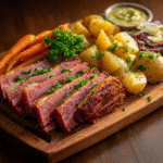 Sliced slow cooker corned beef served with vegetables