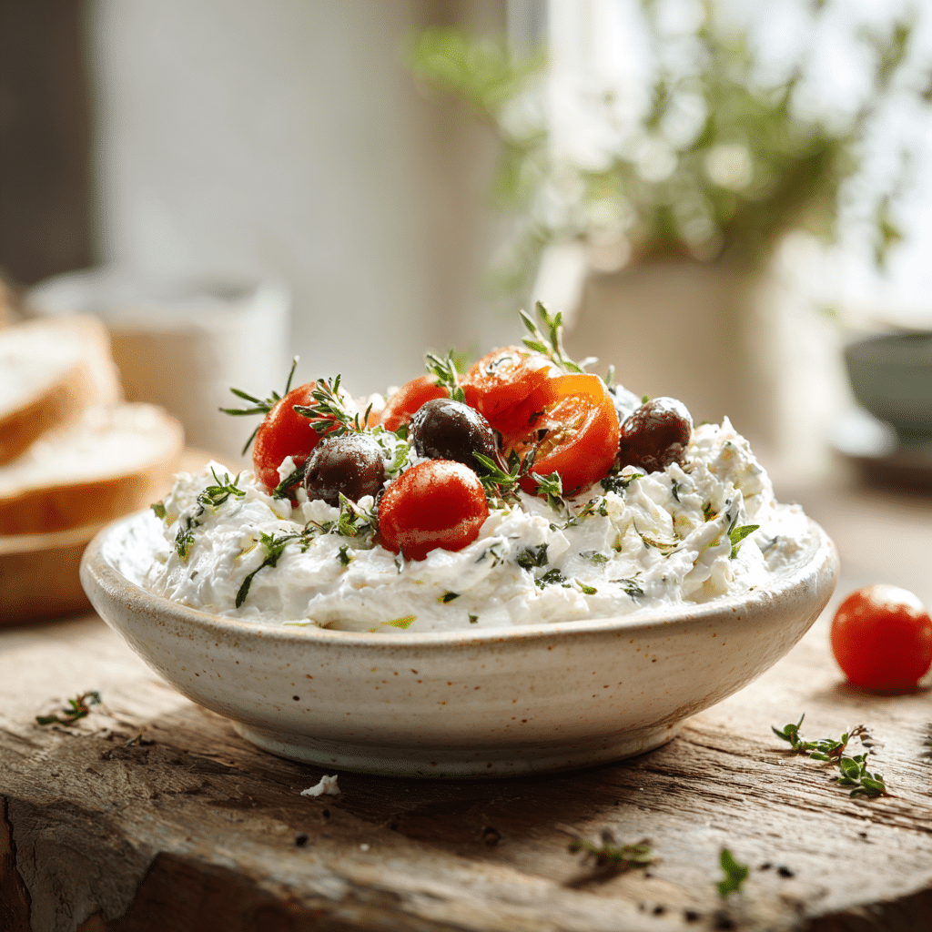 whipped cottage cheese dip topped with fresh herbs