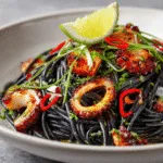 Pasta squid ink recipe served on a rustic plate with parsley and lemon zest