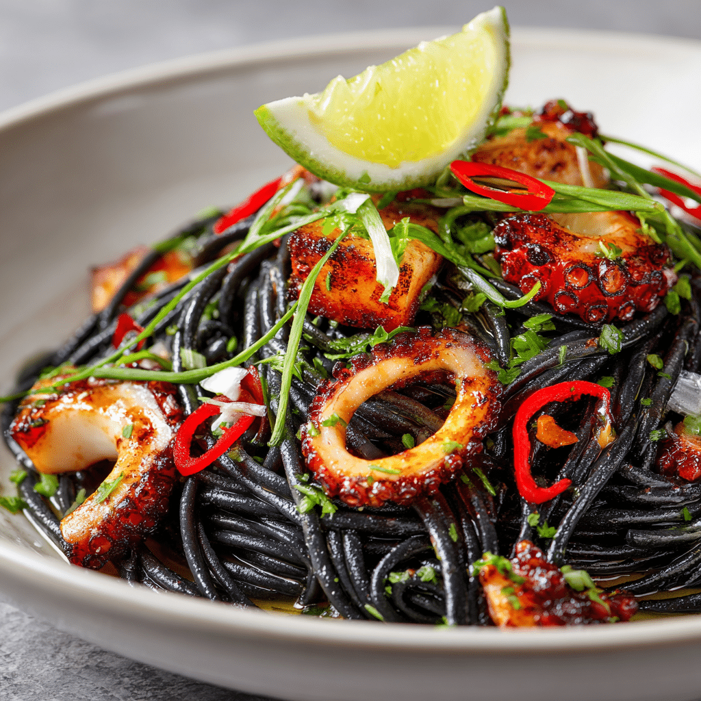 pasta-squid-ink-recipe-featured.jpg Pasta squid ink recipe served on a rustic plate with parsley and lemon zest
