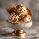 Gingerbread ice cream served with caramel and cookie crumbs