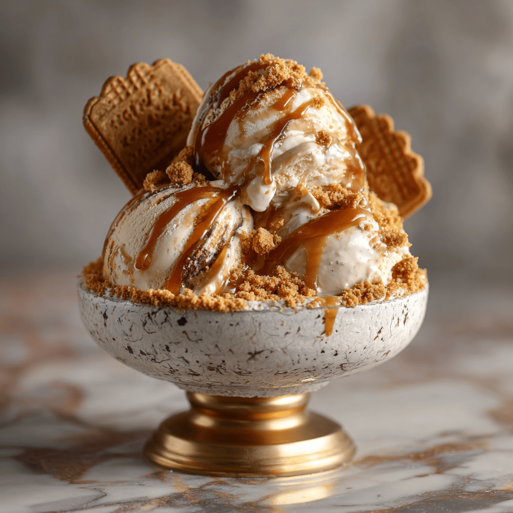 Gingerbread ice cream served with caramel and cookie crumbs