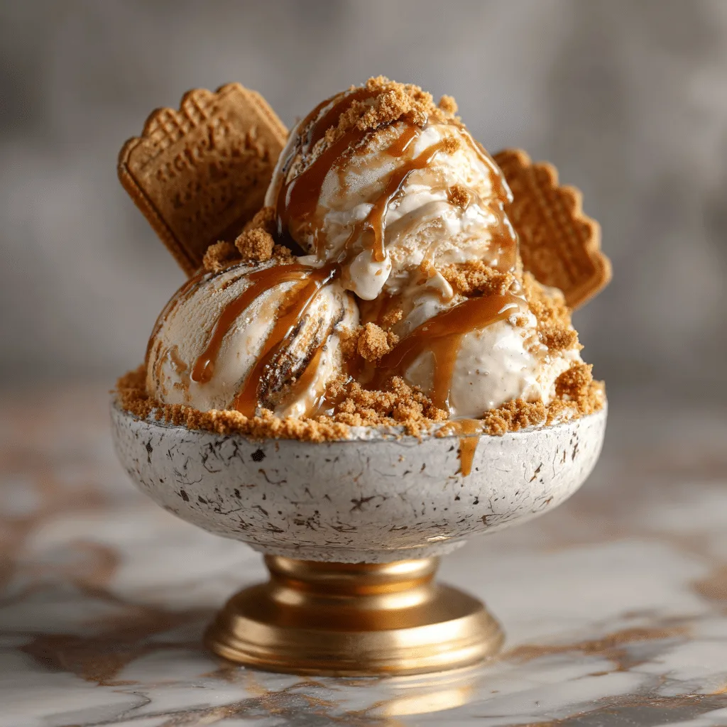 Gingerbread ice cream served with caramel and cookie crumbs