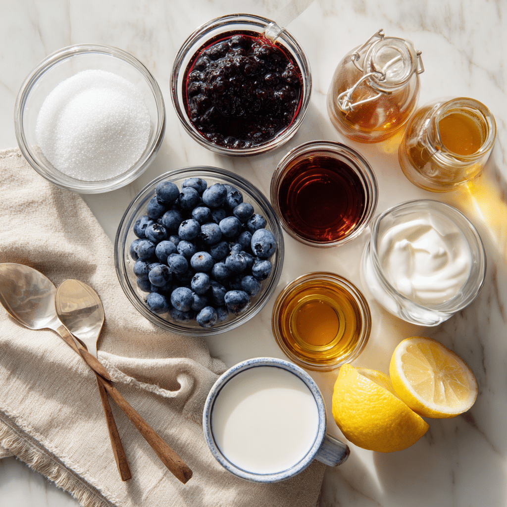Ingredients for iced blueberry latte recipe