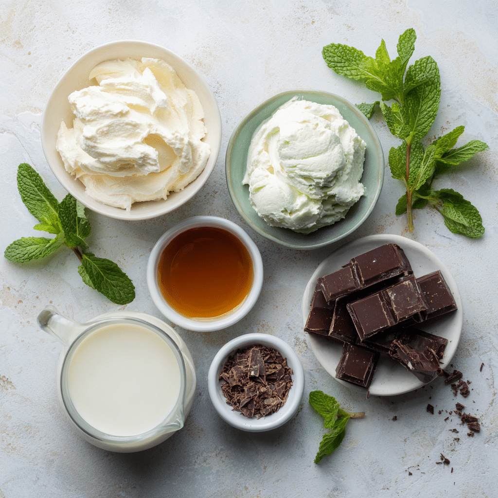 Ingredients for homemade mint and chocolate ice cream