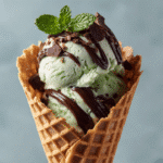 Mint and chocolate ice cream served in a waffle cone