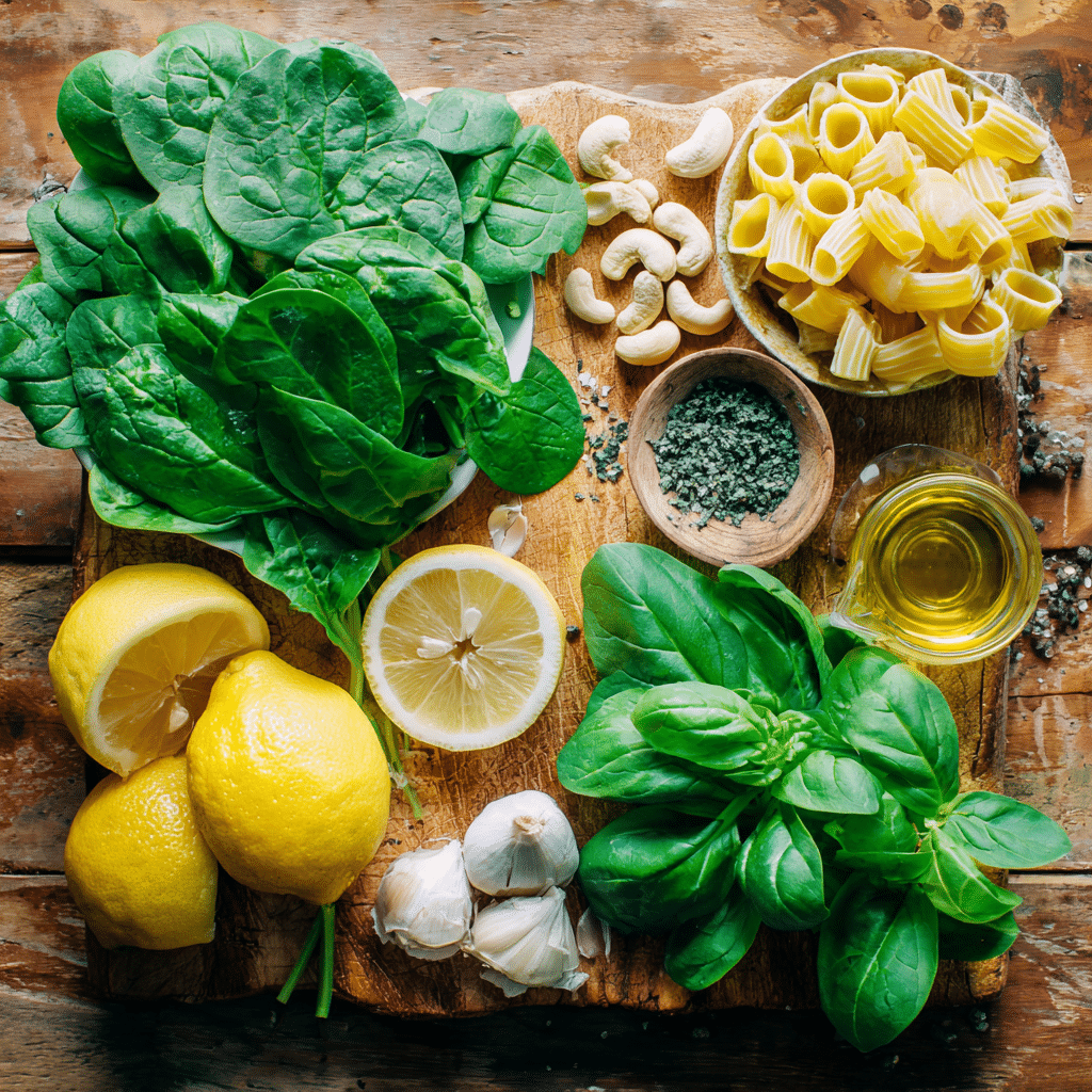 Green pasta ingredients flat lay