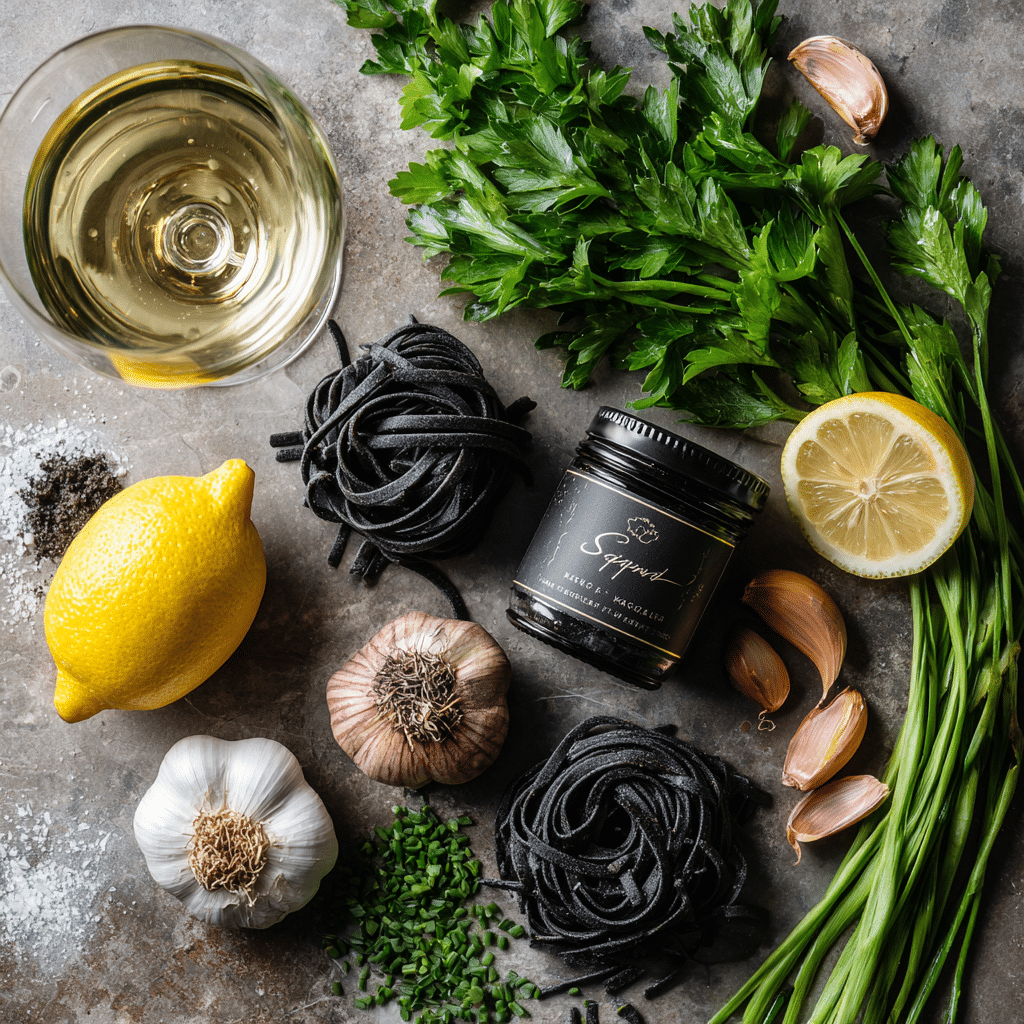 Ingredients for pasta squid ink recipe laid out on a countertop