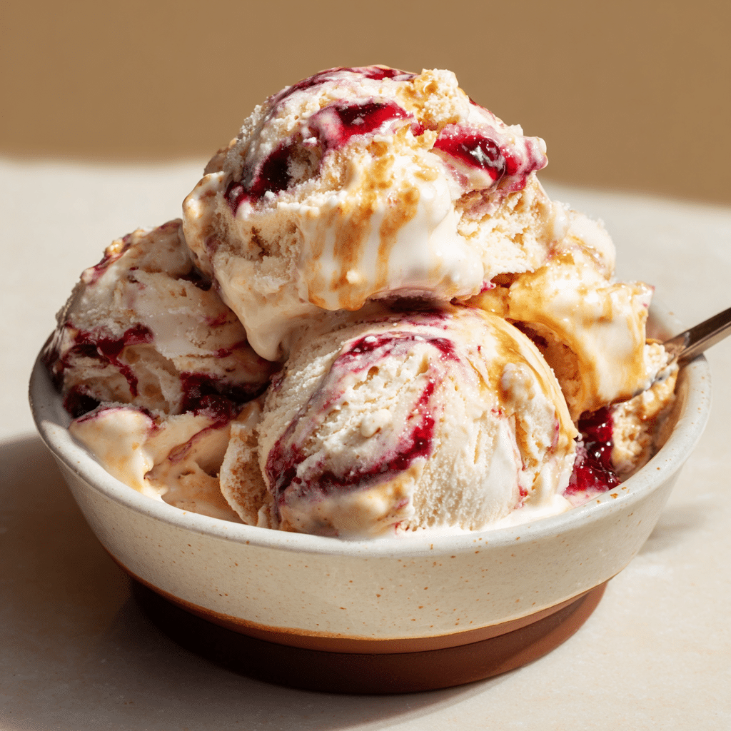 Peanut butter jelly ice cream in bowl