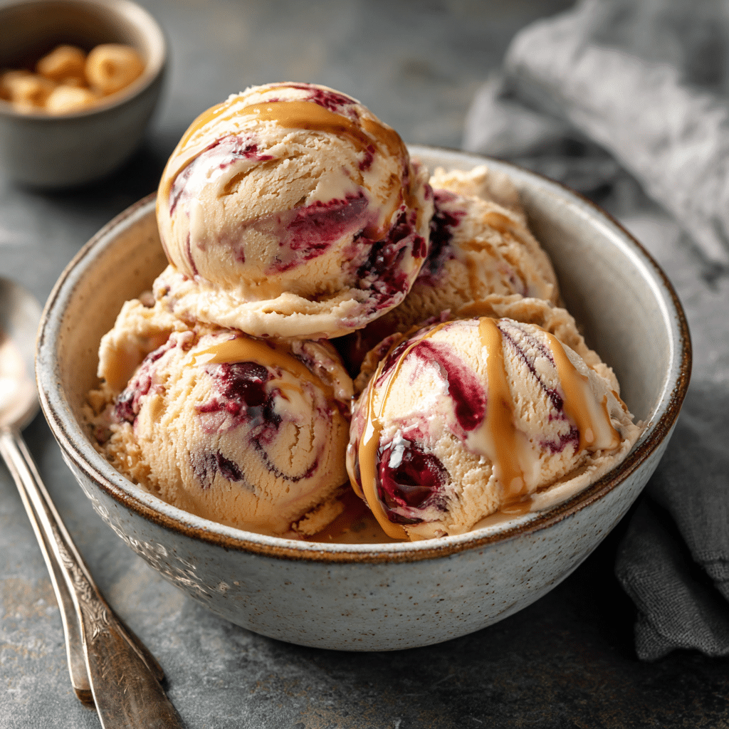 Served peanut butter jelly ice cream with toppings