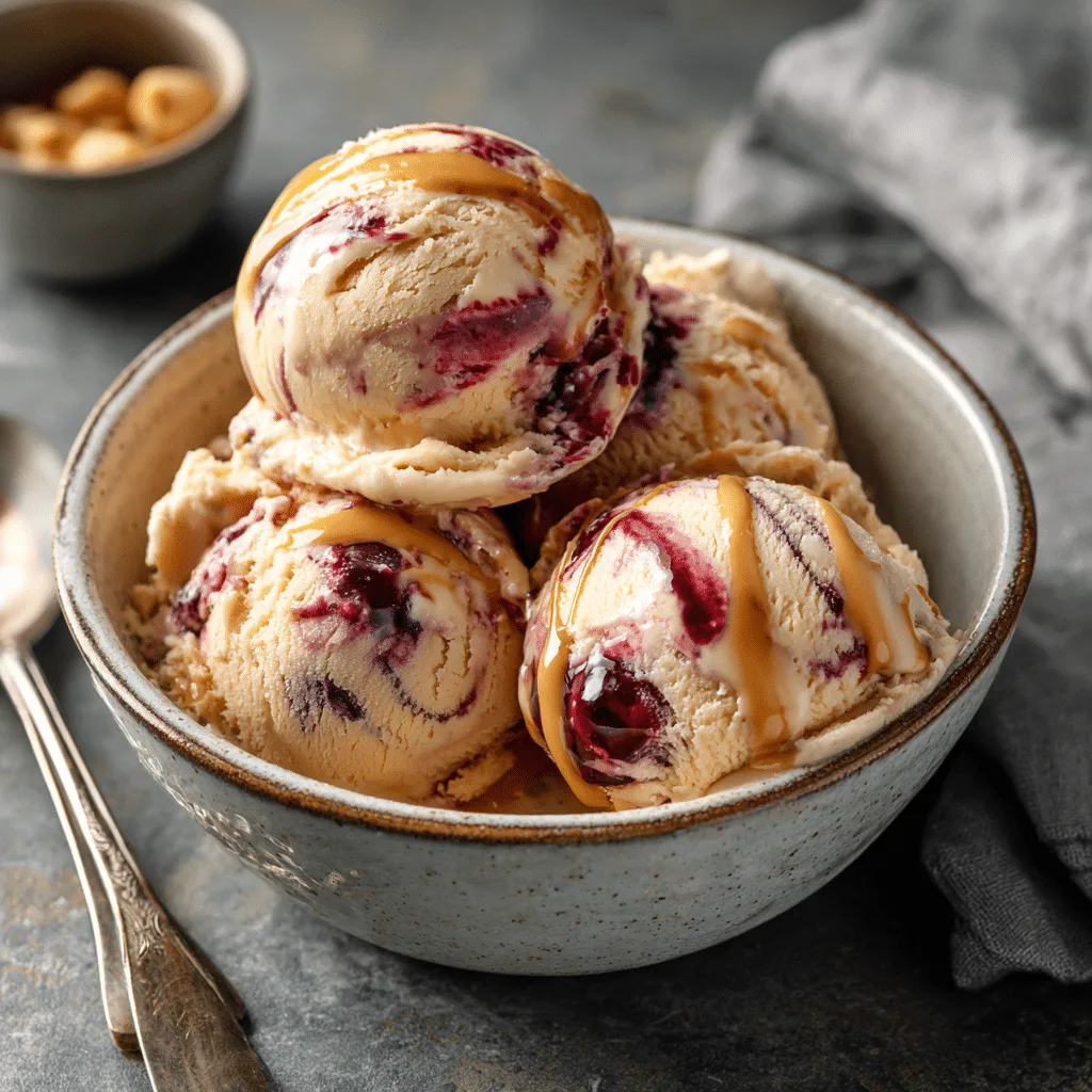 Served peanut butter jelly ice cream with toppings