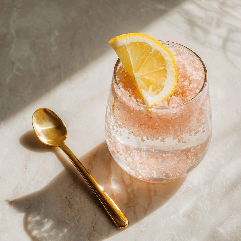 Served glass of pink Himalayan salt and lemon water