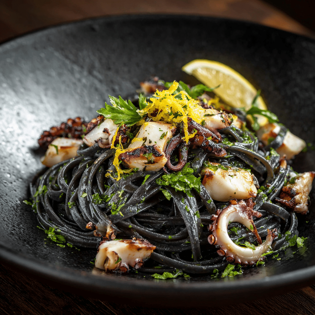 plated squid ink pasta calamari with garnish