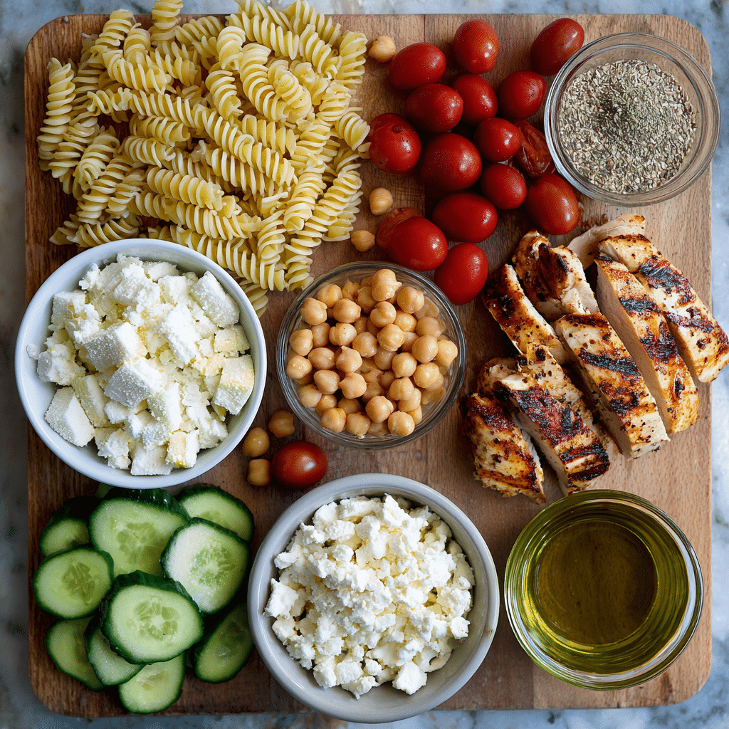 Ingredients for protein pasta salad arranged on counter