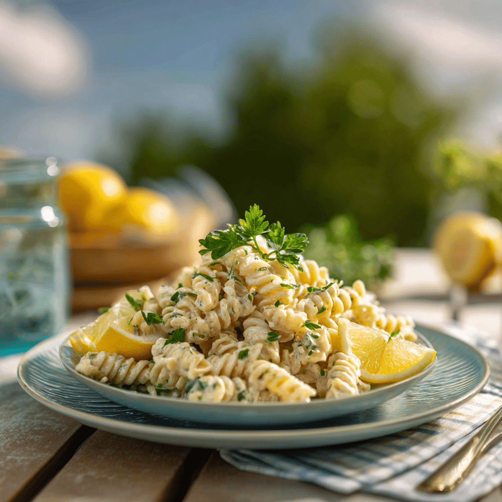 Individual servings of protein pasta salad on summer table