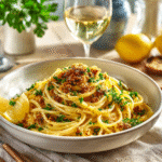 Served recipe for anchovy pasta with fresh garnish