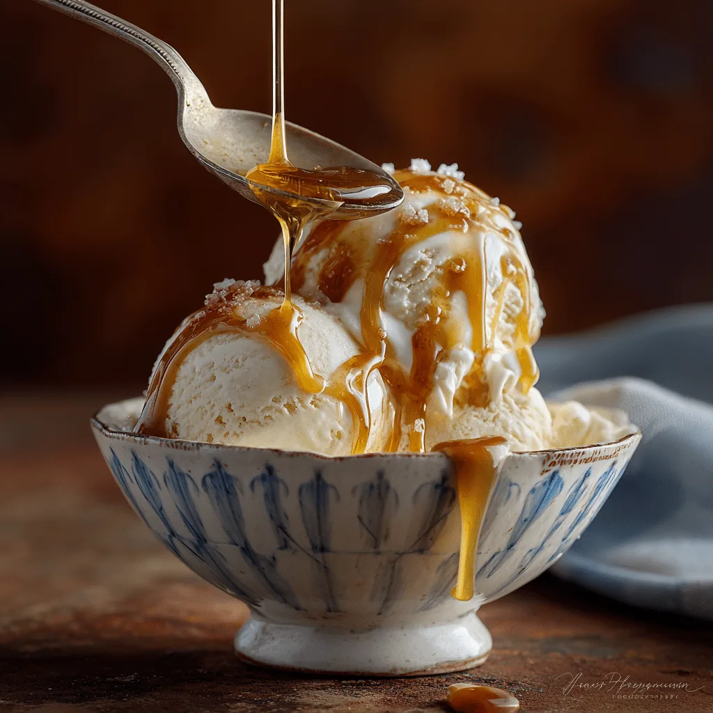 Salt and caramel ice cream in vintage dessert bowl