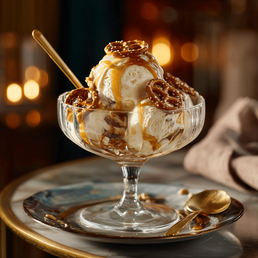 Salt and caramel ice cream with toppings in dessert glass