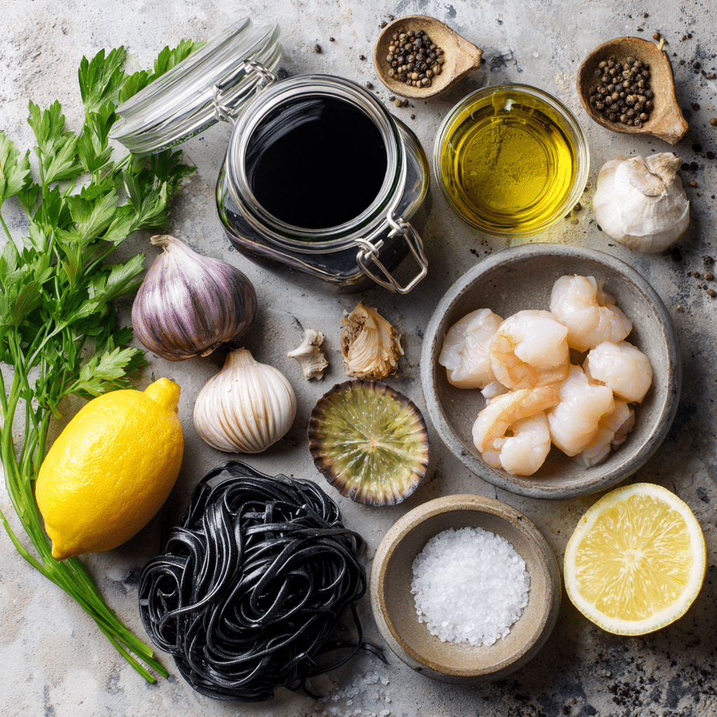Ingredients for seafood squid ink pasta laid out on a stone surface
