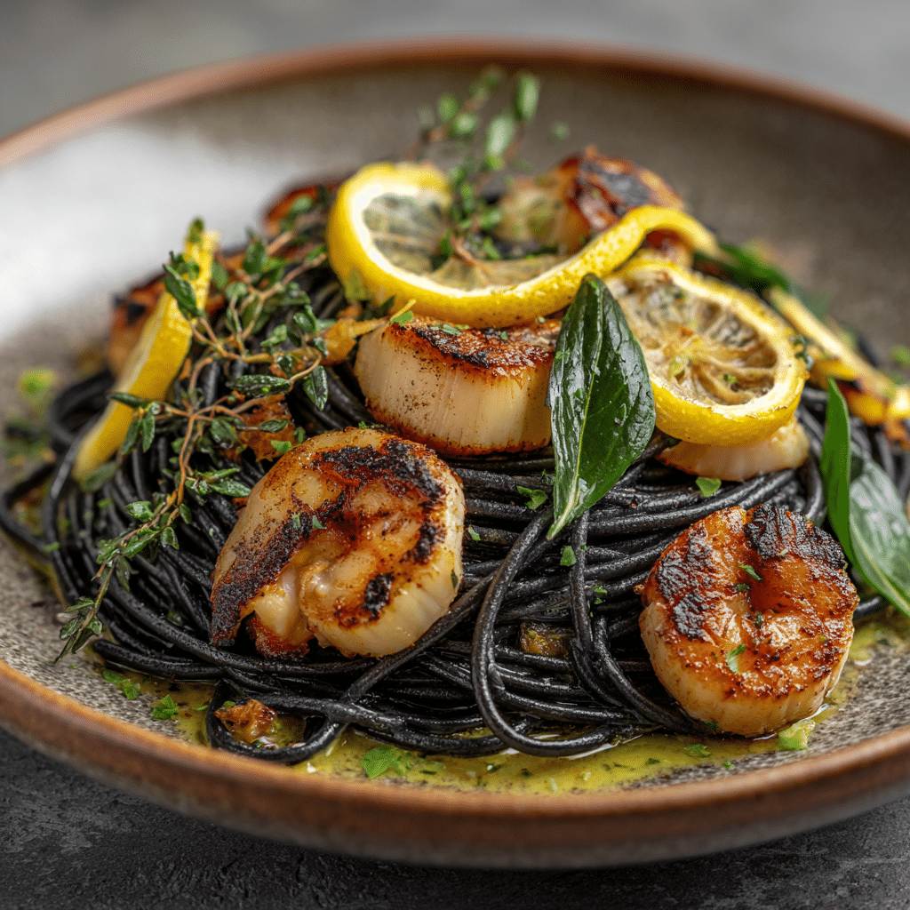 Seafood squid ink pasta served with shrimp and scallops in a white bowl