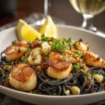 Plated seafood squid ink pasta with shrimp and scallops, ready to serve