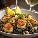 Plated seafood squid ink pasta with shrimp and scallops, ready to serve