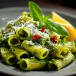 Plated pasta recipe green with toppings