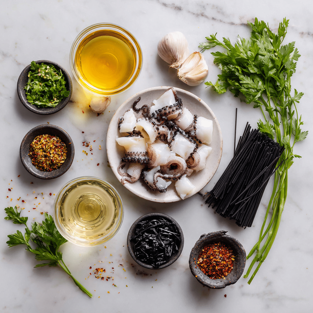 ingredients for squid ink pasta calamari recipe