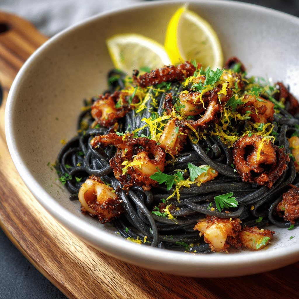 squid ink pasta calamari recipe served with lemon zest